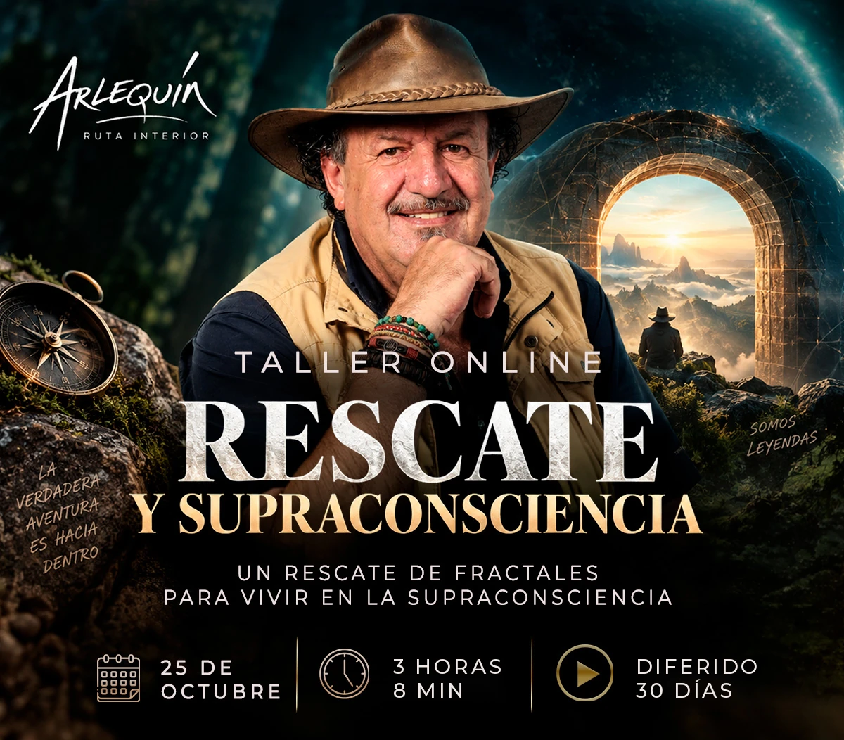 Cartel del Taller de Rescate de Fractales y Supraconsciencia del 25 de octubre de 2026, con Arlequín.